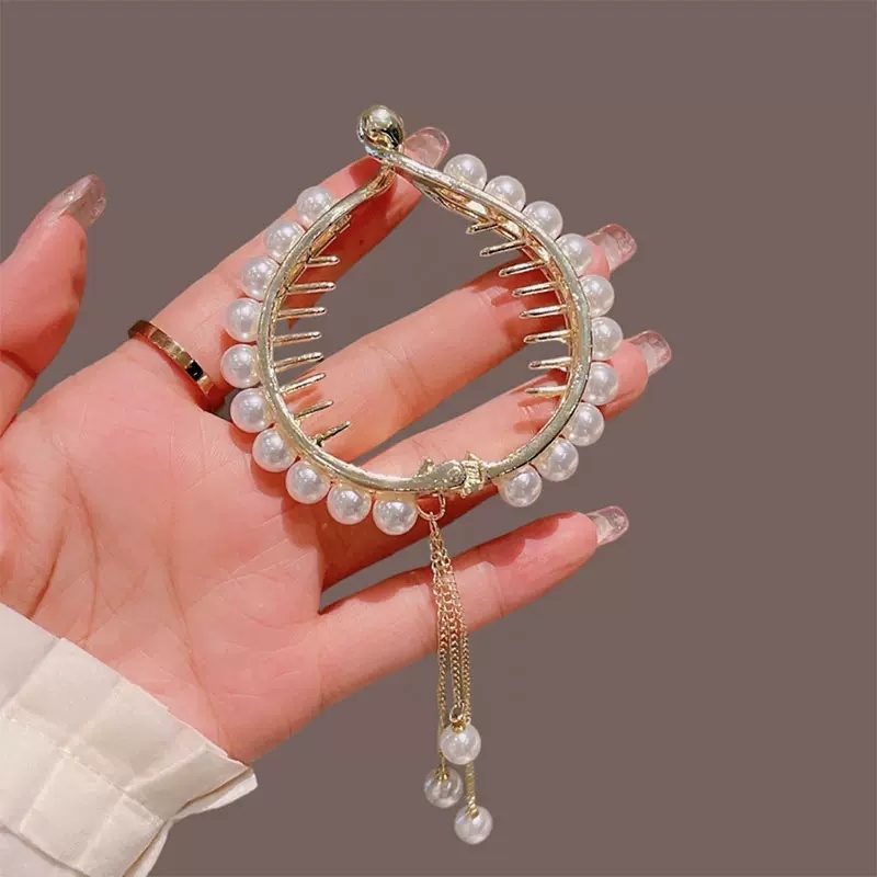 Kẹp Tóc Đuôi Ngựa Đính Đá / Ngọc Trai Tua Rua Lưng Phong Cách Hàn Quốc