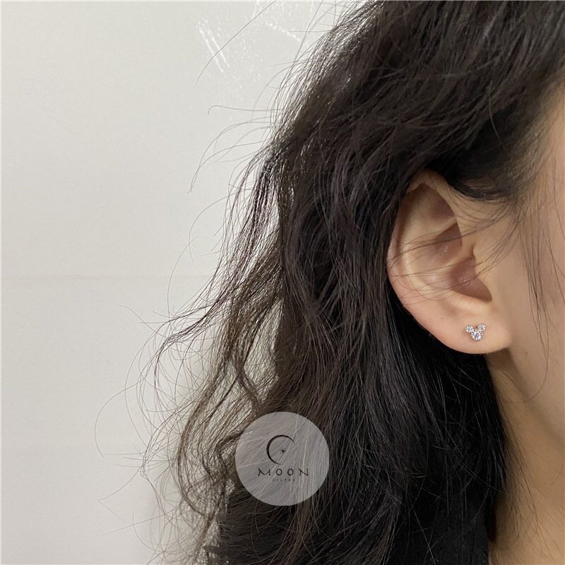 Khuyên tai bạc nữ. Bông tai bạc nữ 925 chuột Mickey đính đá