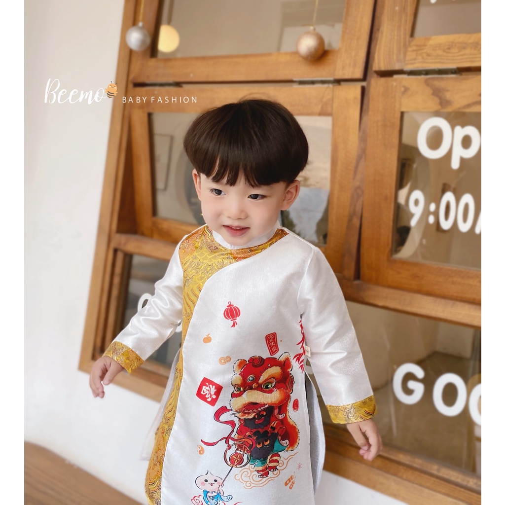 Set Áo Dài Bé Trai Phối Gấm In Hình Lân Và Quần Dài Đen