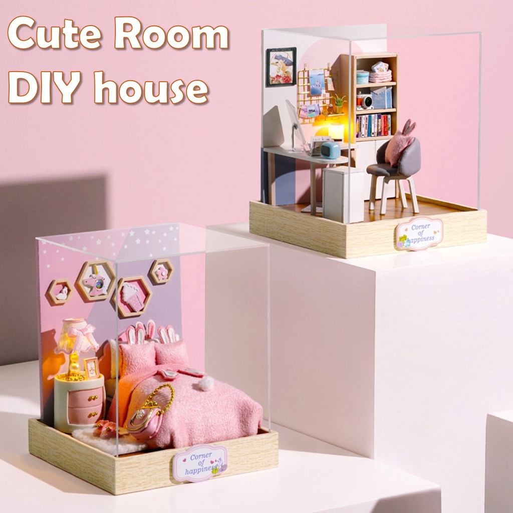 【Cổ phiếu sẵn sàng】 Phòng dễ thương Nhà bỏ túi DIY, ngôi nhà búp bê có ánh sáng, câu đố 3D, mô hình mô phỏng 3D, nhà búp bê lắp ráp, nhà búp bê mini(067)