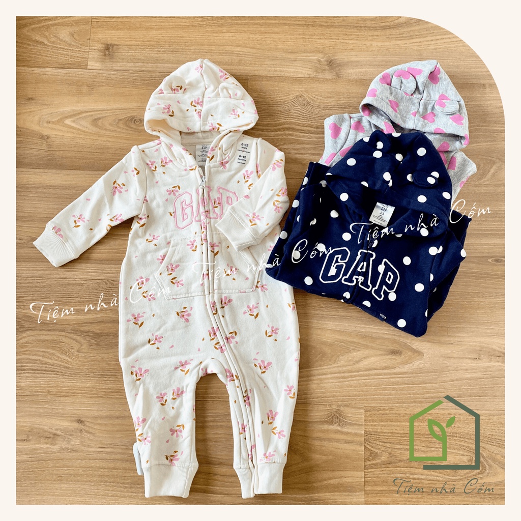 Body kéo khóa Baby GAP, body nỉ dài có mũ ấm áp, xinh xắn cho bé 0-24m