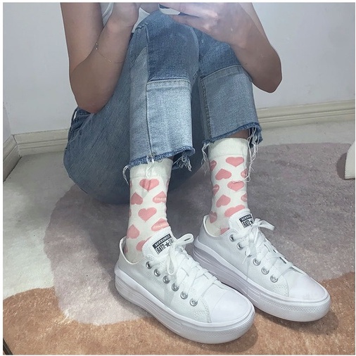 Tất vớ nữ cổ cao siêu co giãn phong cách Hàn quốc, Tất giữ ấm chân họa tiết tim màu sắc đỏ hồng dễ thương cho bạn gái