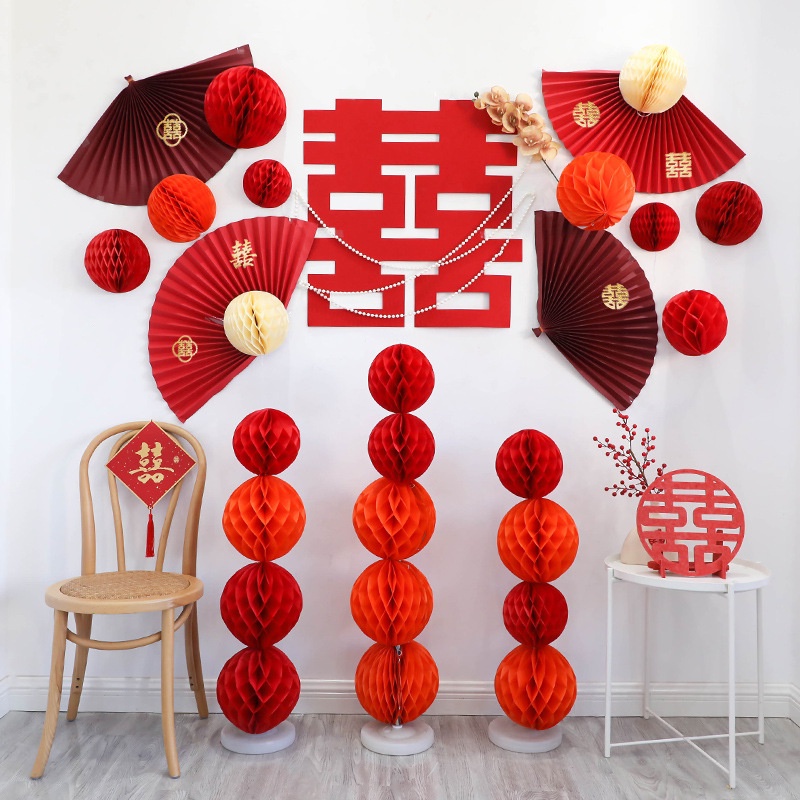 Lồng Đèn Giấy Hình Tổ Ong Màu Đỏ Dùng Trang Trí Lễ Hội / Tiệc Cưới / Năm Mới Phong Cách Trung Hoa