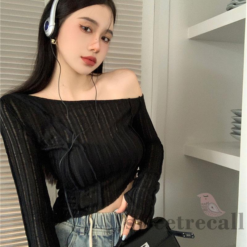 Áo Thun Tay Dài Lệch Vai Màu Sắc Độc Đáo Thời Trang Cho Nữ