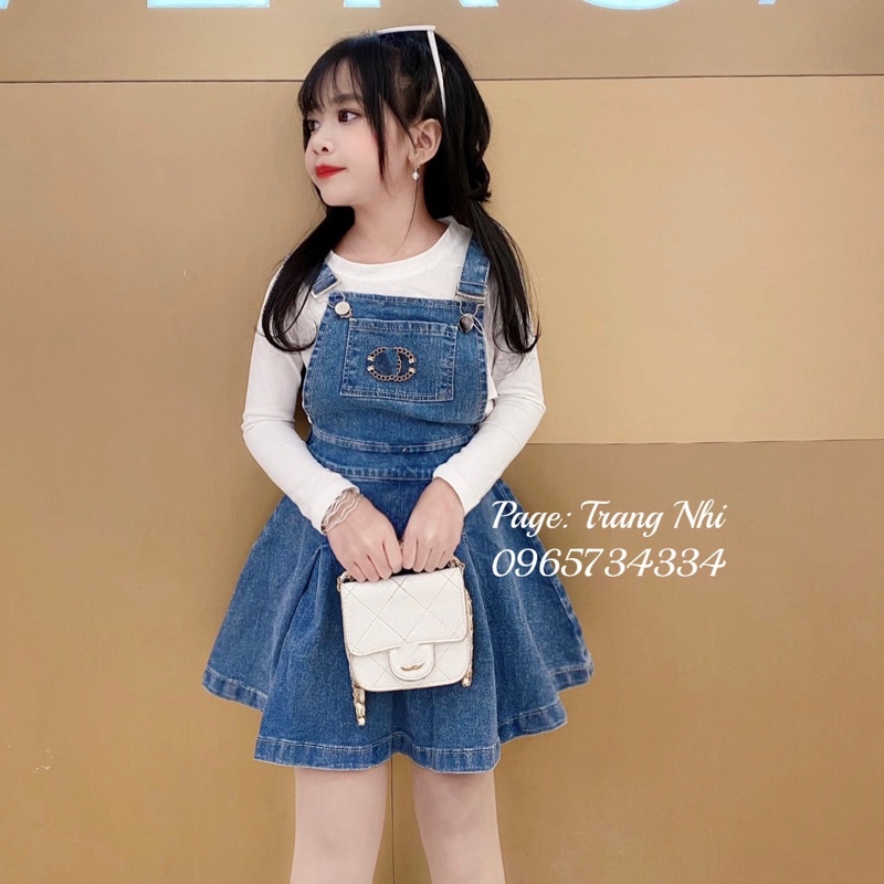 Set yếm váy bò jean cho bé gái -bộ đồ bé gái yếm váy kết hợp áo phông dài tay size 15-41kg