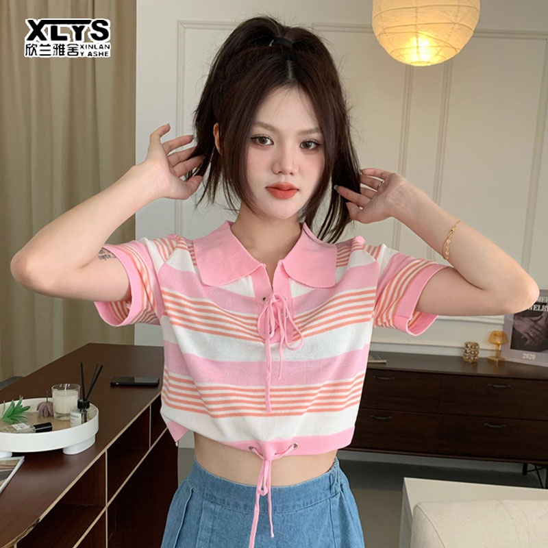 Áo XINLANYASHE ngắn tay họa tiết kẻ sọc màu sắc tương phản thời trang mùa hè cho nữ
