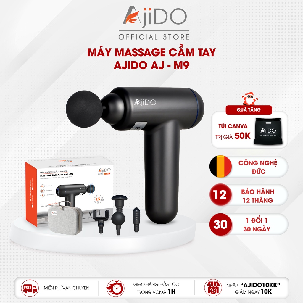 Máy Massage Cầm Tay AjiDO AJ - M9, 32 Cấp Độ, 4 Đầu Thay Thế - Mát Xa Toàn Thân Chuyên Sâu Giảm Đau Giãn Cơ Lưng, Cổ Vai