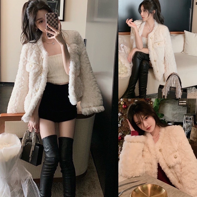 Áo Khoác Lông Pha Viền Phong Cách TỷTỷ TQ,  Áo Khoác Lông Thỏ Loại Dày Giữ Ấm Mùa Đông Phong Cách Xiaoxiang Mẫu Mới 2022