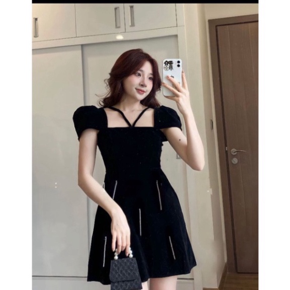 Đầm váy midi đỏ nhung chéo cổ đính đá tay con đen cổ yếm cao cấp dạ hội dự tiệc đám cưới đi biển bigsize rẻ đẹp