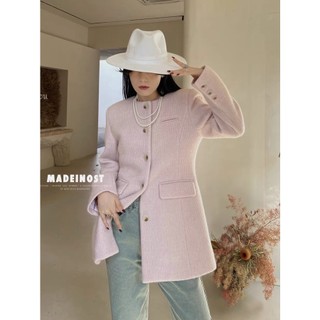 Váy dạ hồng cổ tròn tay dài 2 túi nắp dọc cúc loang màu