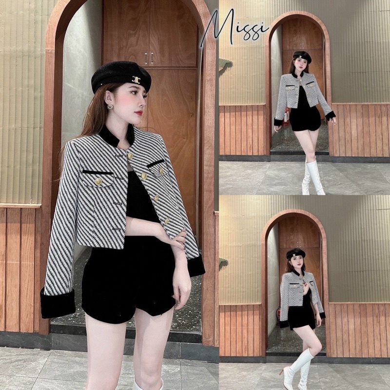 Áo khoác nữ dạ kẻ, áo khoác dạ tweed kẻ caro túi kiểu