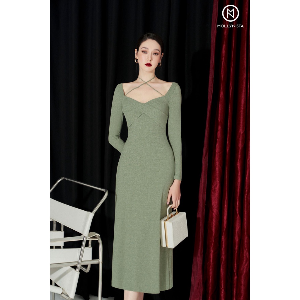 MOLLYNISTA - Đầm Tania tay dài xoắn cột dây thanh lịch nữ tính thiết kế cao cấp form ôm tôn dáng