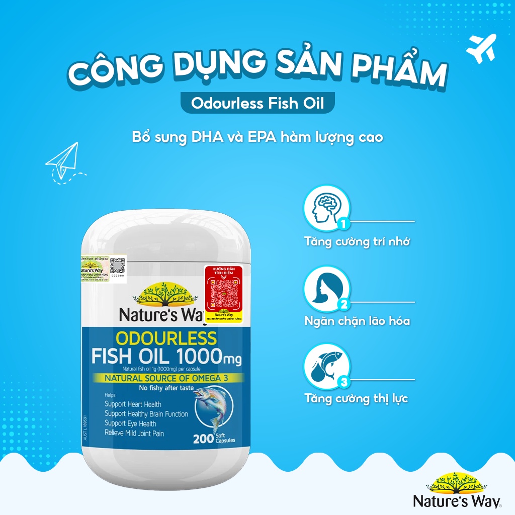 Viên Uống Dầu Cá Nature’s Way Odourless Fish Oil 1000mg Tăng Cường Sức Khoẻ Tự Nhiên Không Mùi Hộp 200 Viên