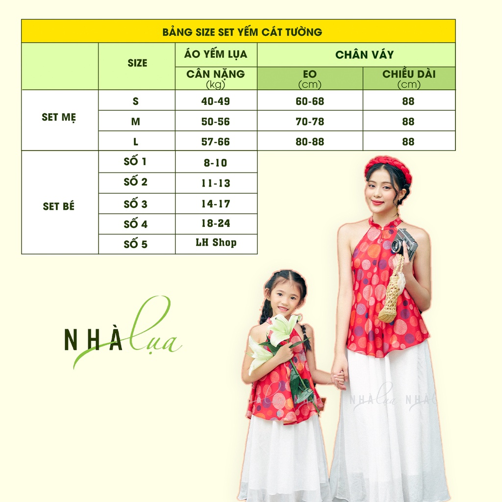 Set yếm lụa mẹ và bé gái Cát Tường - Áo yếm lụa, chân váy trắng xòe dài nổi bật Nhà Lụa YCT01
