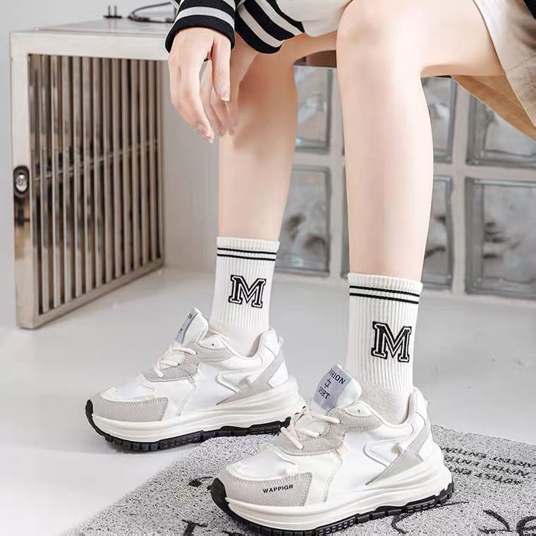 Vớ Cotton Cổ Cao Họa Tiết Sọc Caro Trắng Đen Phong Cách Hàn Quốc Cho Nữ jp5