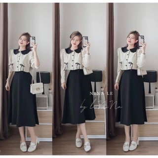 Sét váy tiểu thư cổ sen nơ ngực chân váy đen dáng dài siêu xinh