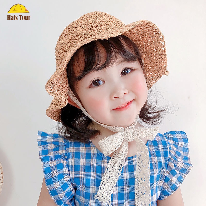 Mũ Cói Rộng Vành Chống Nắng / Gió Màu Sắc Xinh Xắn Thời Trang Đi Biển Mùa Hè Cho Bé 1-3 tuổi