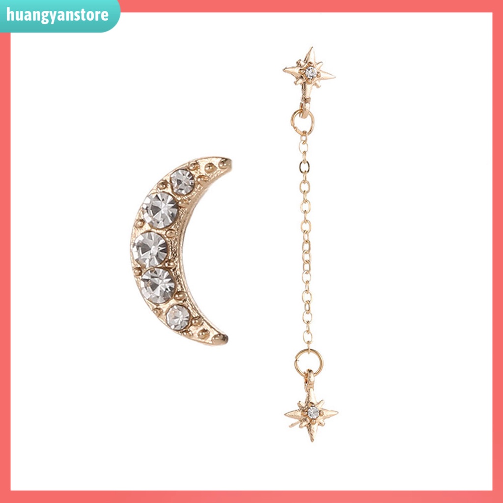 HY/ Bộ 2 Khuyên Tai 3 Lỗ Hình Mặt Trăng Và Ngôi Sao Đính Đá
