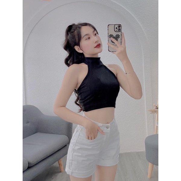 Áo yếm trơn, áo croptop hở lưng có ngọc chất gân nhuyễn