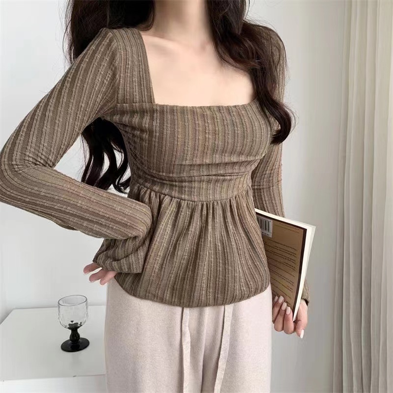 Áo Sơ Mi Tay Dài Cổ Vuông Ôm Eo Phong Cách Hàn Quốc Thời Trang Mùa Thu Cho Nữ