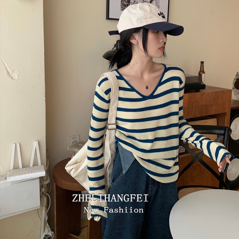 Áo len ZHELIHANGFEI tay dài cổ chữ V dáng rộng họa tiết kẻ sọc phong cách thời trang