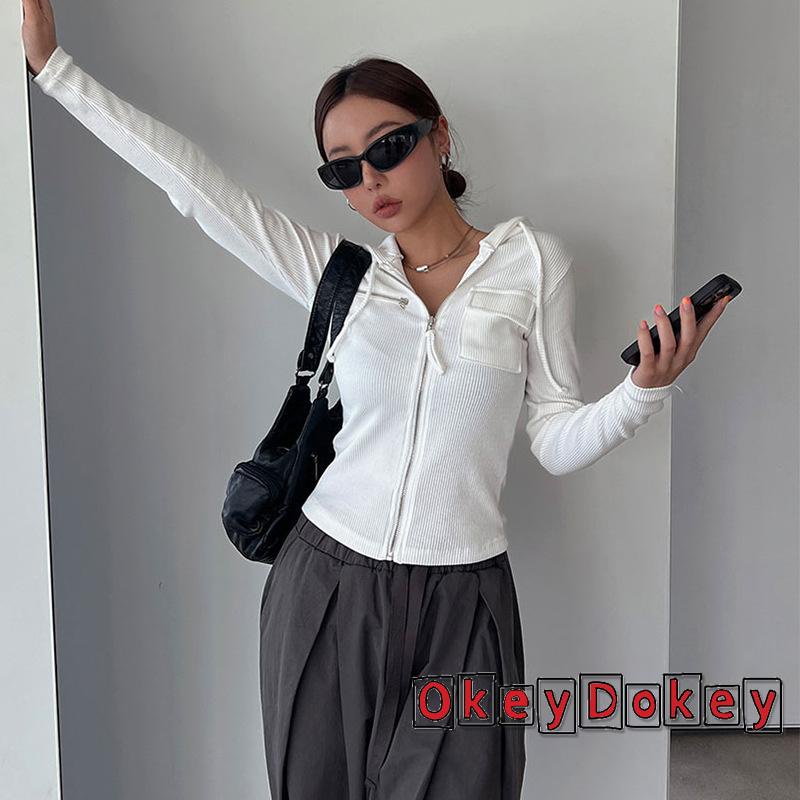 Áo Sweatshirt Tay Dài Có Khóa Kéo Và Túi OKDK-y2k Dành Cho Nữ