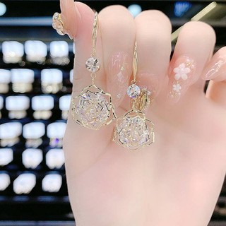 Thời trang mạng đỏ cao cấp chạm rỗng hoa hồng thủy tinh bông tai kiểu mới phong cách phương Tây bùng nổ khuyên tai móc tai nữ