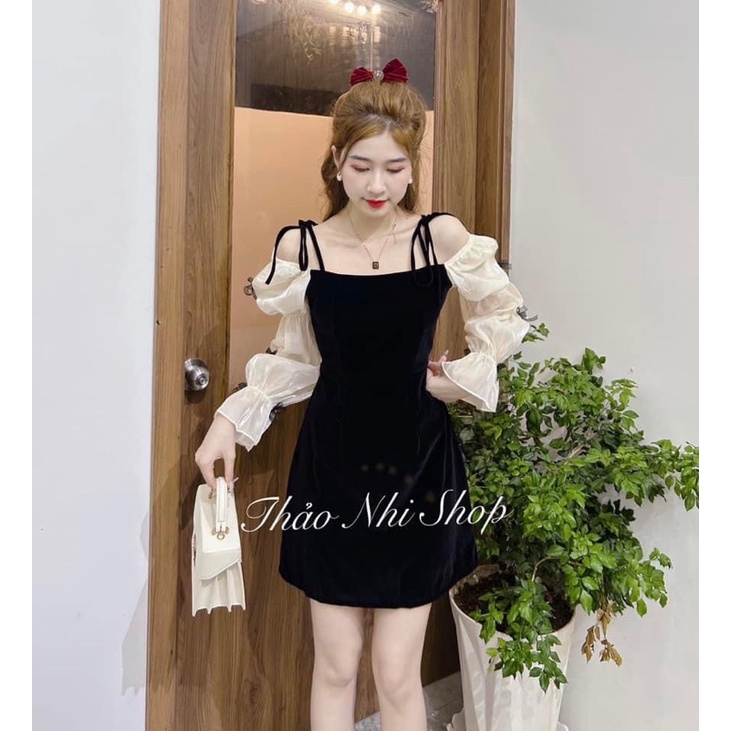 [ 𝐅𝐑𝐄𝐄 𝐒𝐇𝐈𝐏 ]  vay nhung đỏ phôi von  Đính nơ siêu đep  Hang khoá sau ti mi Dây buộc vai tuy chỉnh vai oki