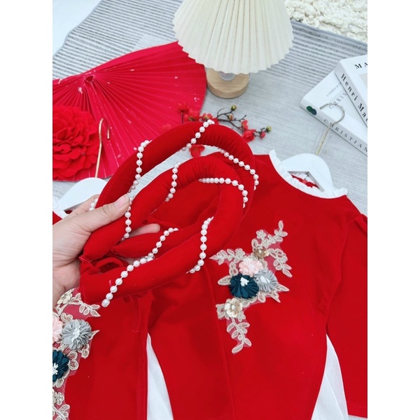 Áo dài nhung hoa đá xinh cho bé gái