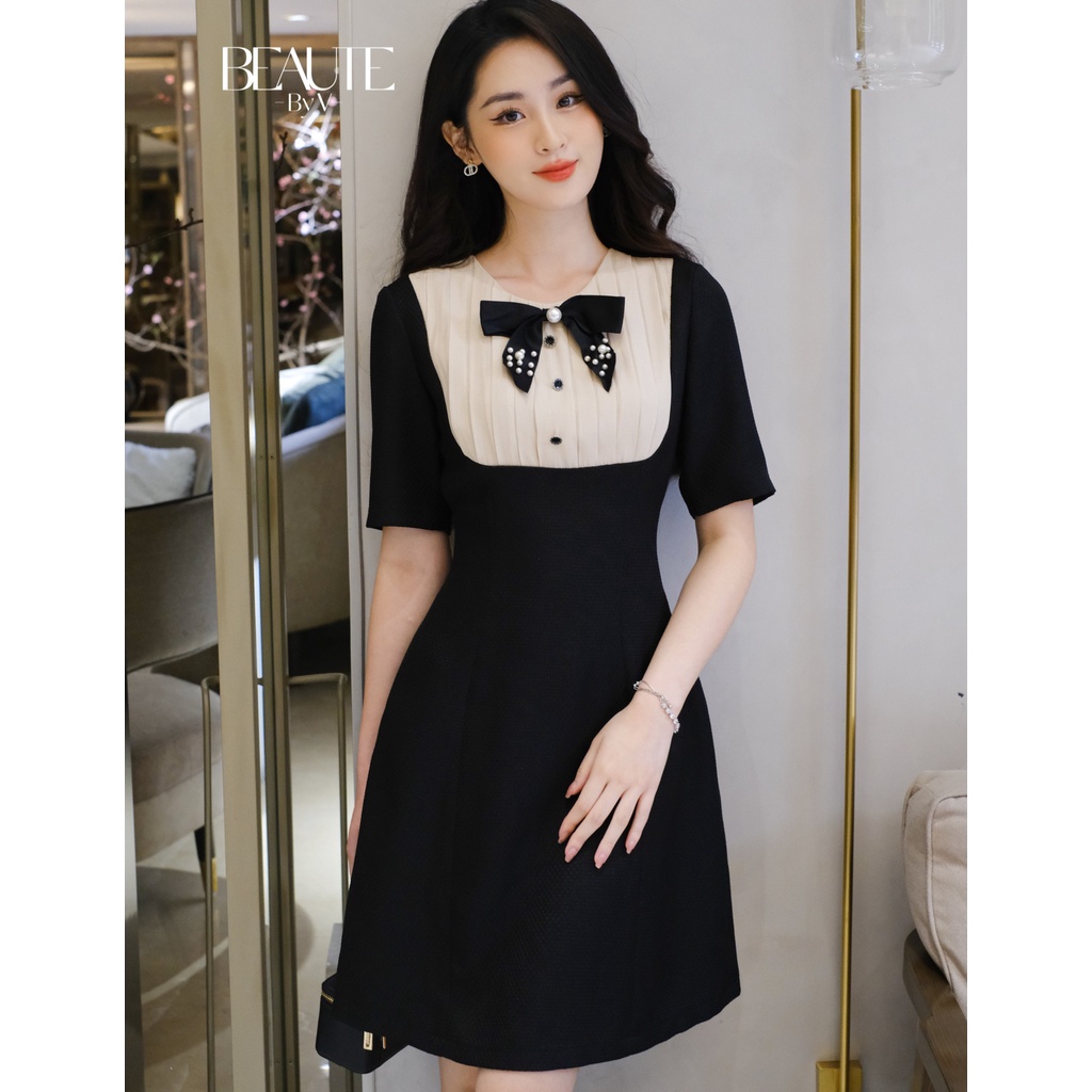 BEAUTEBYV - Váy nữ chiết eo phối voan xếp Sweety (nơ rời tặng kèm)