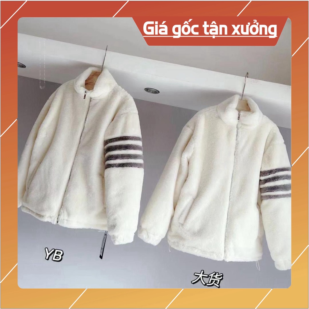 Hoa xôi Áo Khoác Lông Thome Mượt cứng cáp thời thượng - áo khóa ngoài Lông Cừu Phối 4 Sọc Tay Fom Dáng Unisex Nam Nữ 123