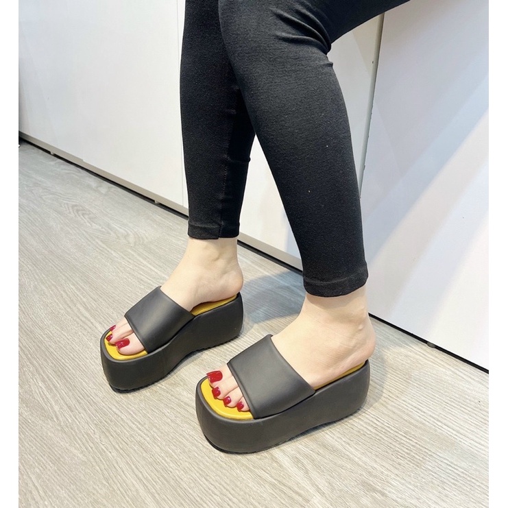 Dép bánh mì bảng ngang da cao 7 phân về 5 màu trắng - kem - hồng - xanh - đen