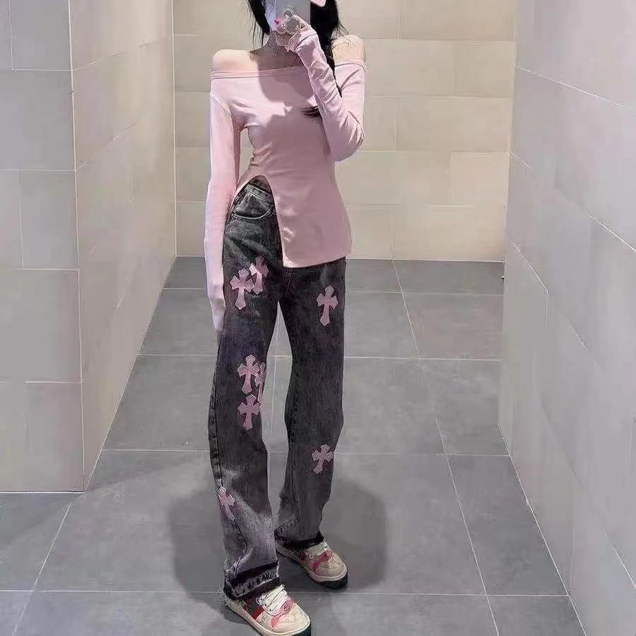 Rose PINK Quần Jean Lưng Cao Dáng Ôm Suông Ghép Nhãn Trái Tim Đám Đông Màu Hồng Nóng Bỏng Cho Nữ