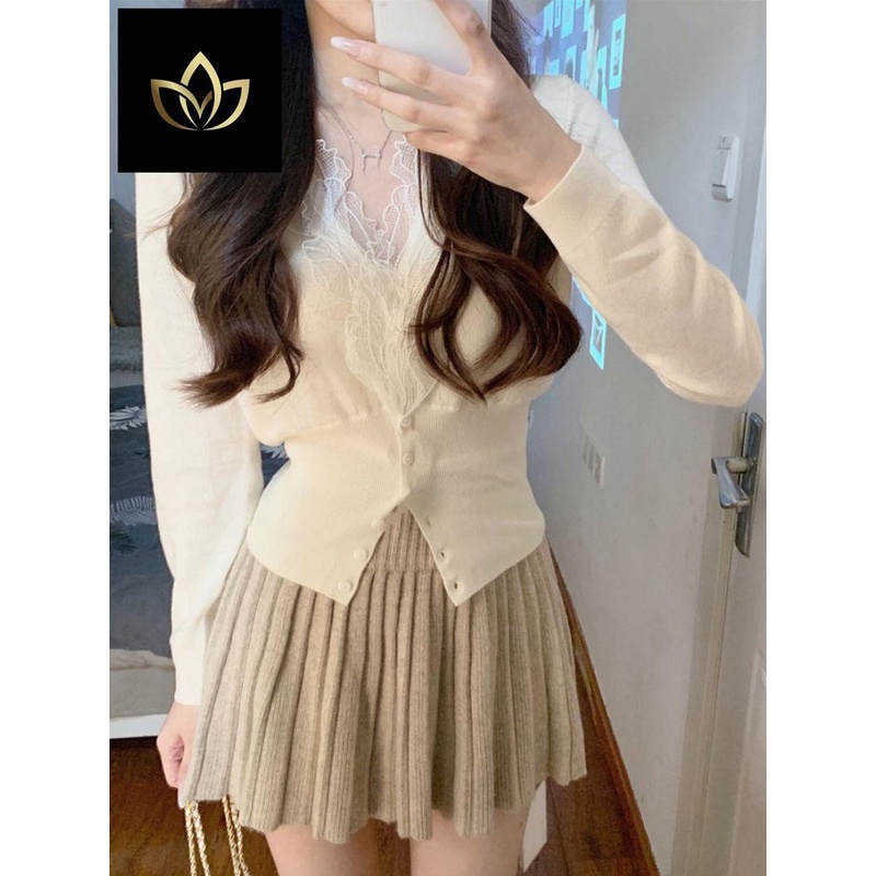 ❤️ Set Áo Len Dài Tay Cổ Chữ V + Chân Váy Chữ a Xếp Ly Phong Cách Hàn Quốc