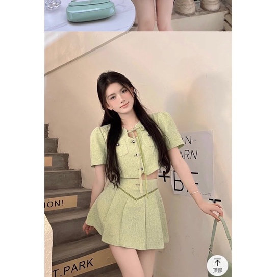 Set áo croptop tay phồng kèm chân váy xếp ly siêu hot-pl13