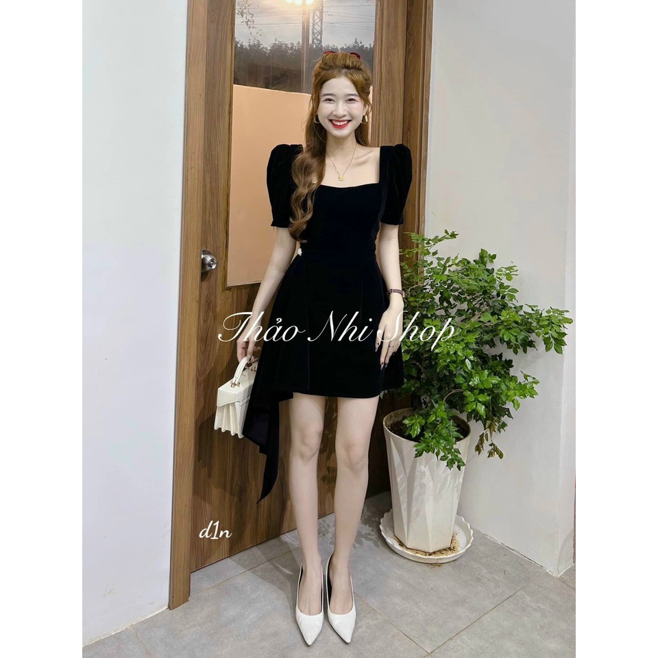 Đầm tiểu thư đi chơi tiệc, đầm cổ vuông tay phồng hàn quốc chất nhung phối tà đính đá siêu đẹp