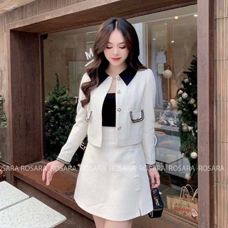 Áo khoác dạ tweed phối cúc ngọc sang trọng thời trang nữ rosara kh49