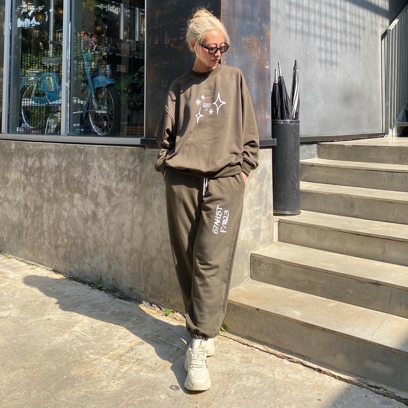 Set nỉ chân cua sweater và quần dài xanh rêu FW23 67AH