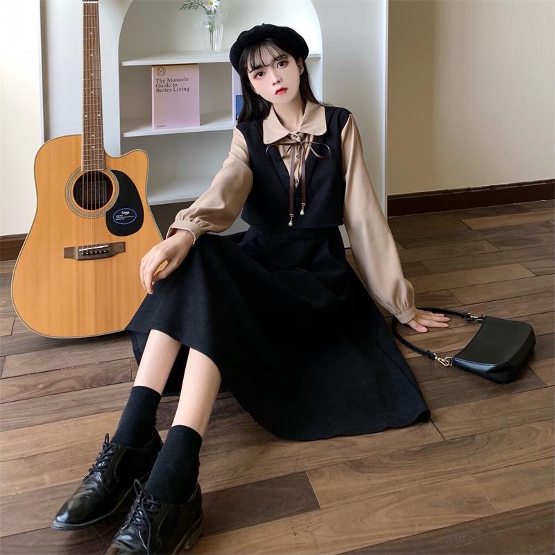Váy babydoll dáng dài váy mùa đông Đầm Nhung Dáng Dài Giả Hai Mảnh Phong Cách Pháp Thời Trang Mùa Đông 2022 Mới