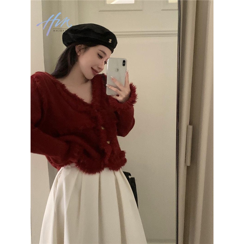 Áo Khoác Cardigan Dệt Kim Dáng Rộng Màu Đỏ Phối Tua Rua Thời Trang Thu Đông Năm Mới Cho Nữ