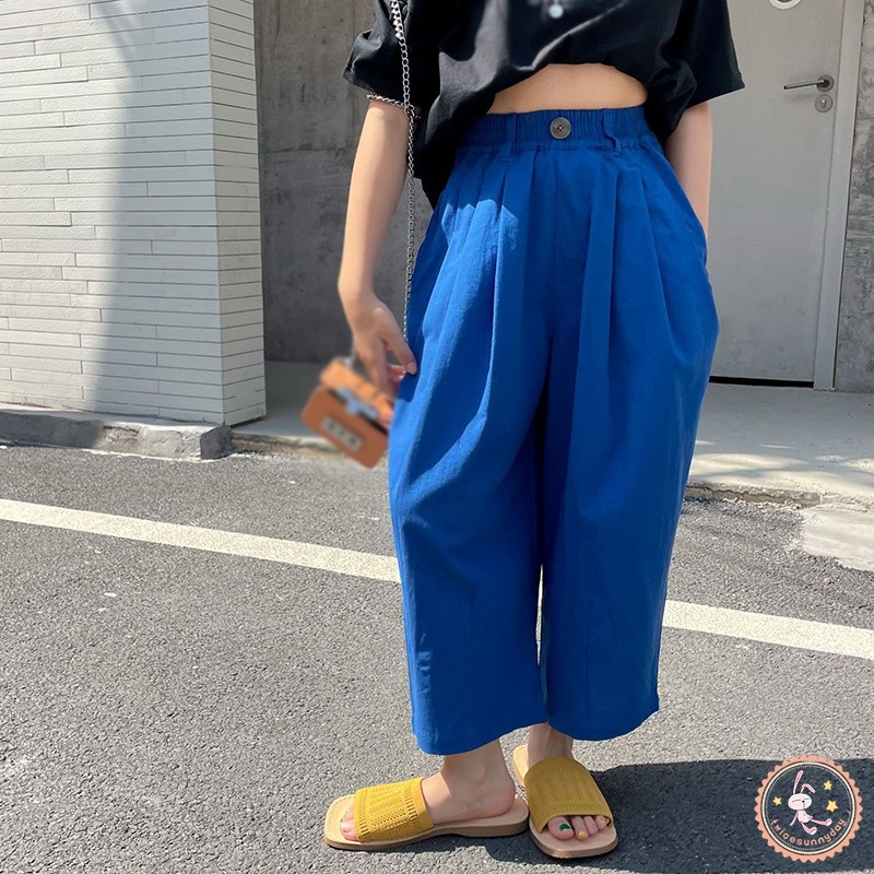 Quần Dài Lưng Thun Ống Rộng Màu Trơn Chống Muỗi Phong Cách Hàn Quốc Cho Bé Gái