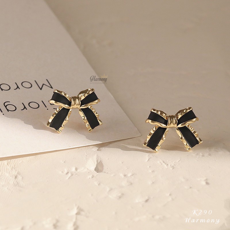 Khuyên tai bạc bông nữ nơ đen mạ vàng chốt thẳng tiểu thư | HARMONY ACCESSORIES K290