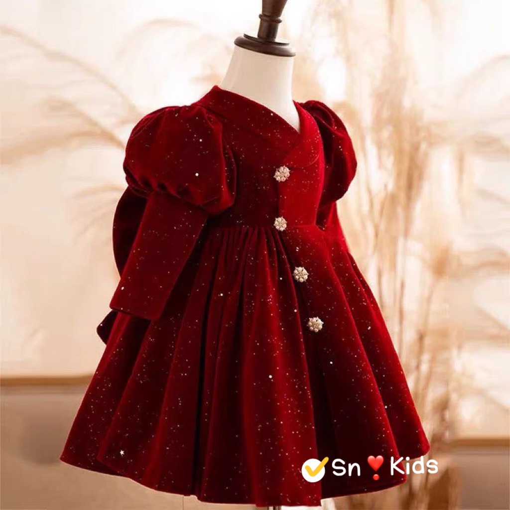 Váy nhung kim tuyến công chúa cho bé gái từ 10-20kg - Đầm công chúa bé gái- Váy bé gái chất nhung Kidbabyonline K168