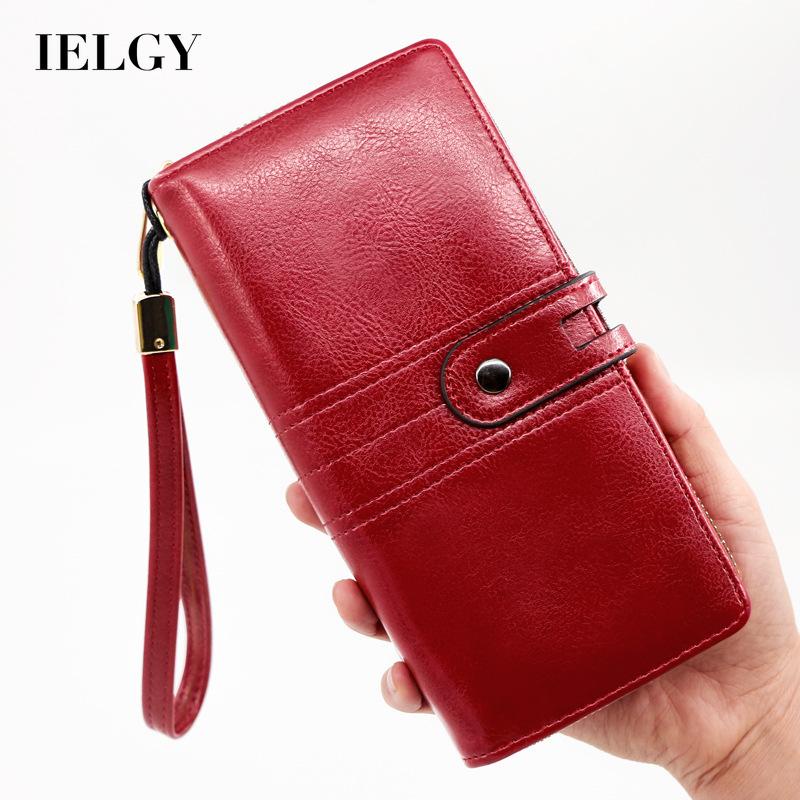 IELGY Ví Dài Bằng Da Sáp Có Dây Kéo Đơn Giản Dành Cho Nữ