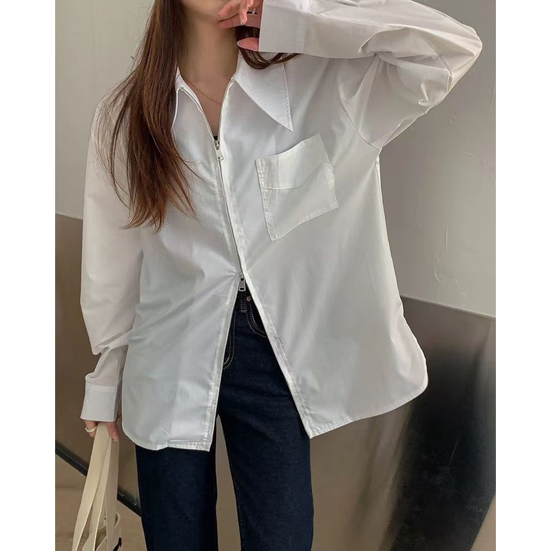 Áo Sơ Mi Dài Tay Dáng Rộng Phối Khóa Kéo Thời Trang Dành Cho Nữ