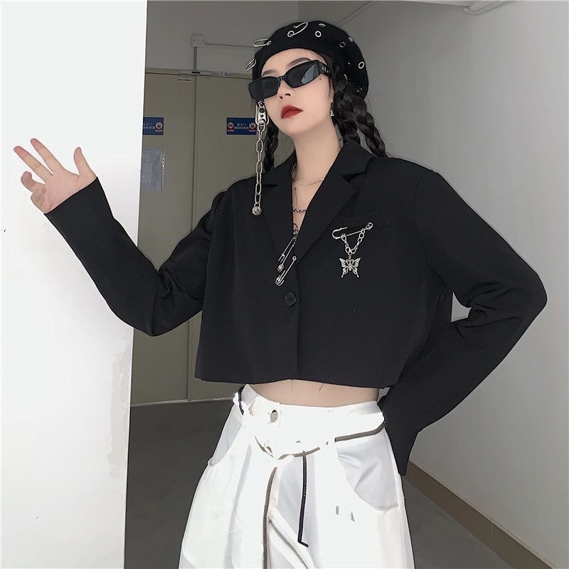 Đen Áo Khoác crop Top Tay Dài Phong Cách Thời Trang harajuku Hàn Quốc 2023 Roma mujer y2k