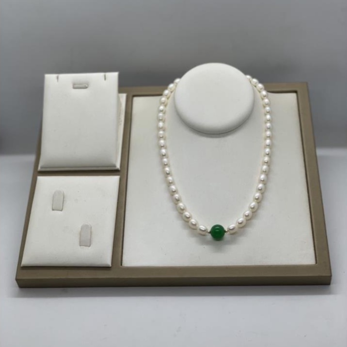 Vòng cổ LISAKIM trai hạt gạo size 7-8 li mix đá xanh phụ kiện trang sức