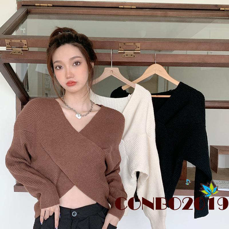 Áo Sweater Dệt Kim Tay Dài Màu Sắc Đơn Giản Cho Nữ