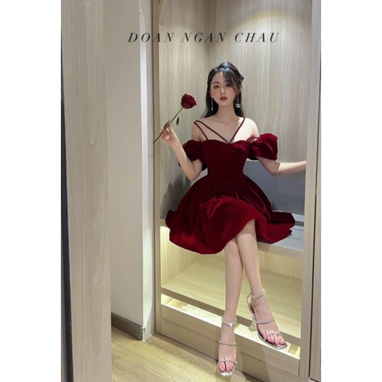 Đầm nhung đỏ tay phồng