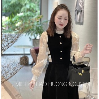 Váy nhung cổ bèo phối đính nơ eo hai bên